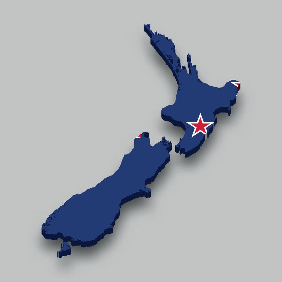 Mapa isométrico 3D da Nova Zelândia com bandeira nacional. vetor
