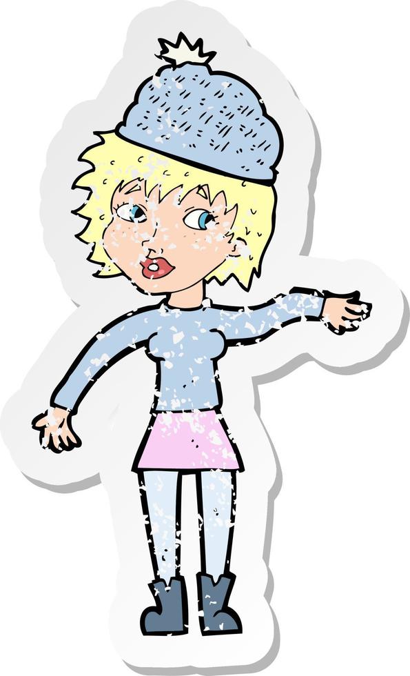 adesivo retrô angustiado de uma mulher de desenho animado usando chapéu vetor