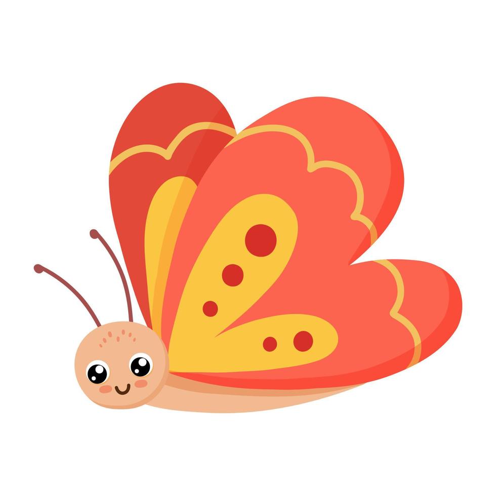 linda borboleta sorridente vermelha isolada no fundo branco. inseto engraçado para crianças. ilustração em vetor plana dos desenhos animados