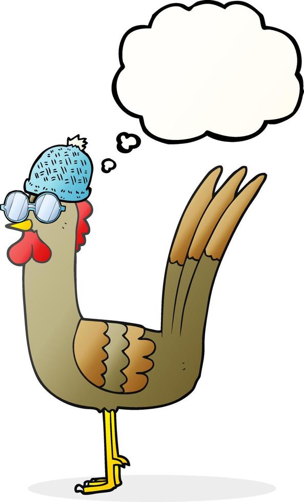 galinha de desenho animado de bolha de pensamento desenhada à mão livre usando óculos e chapéu vetor