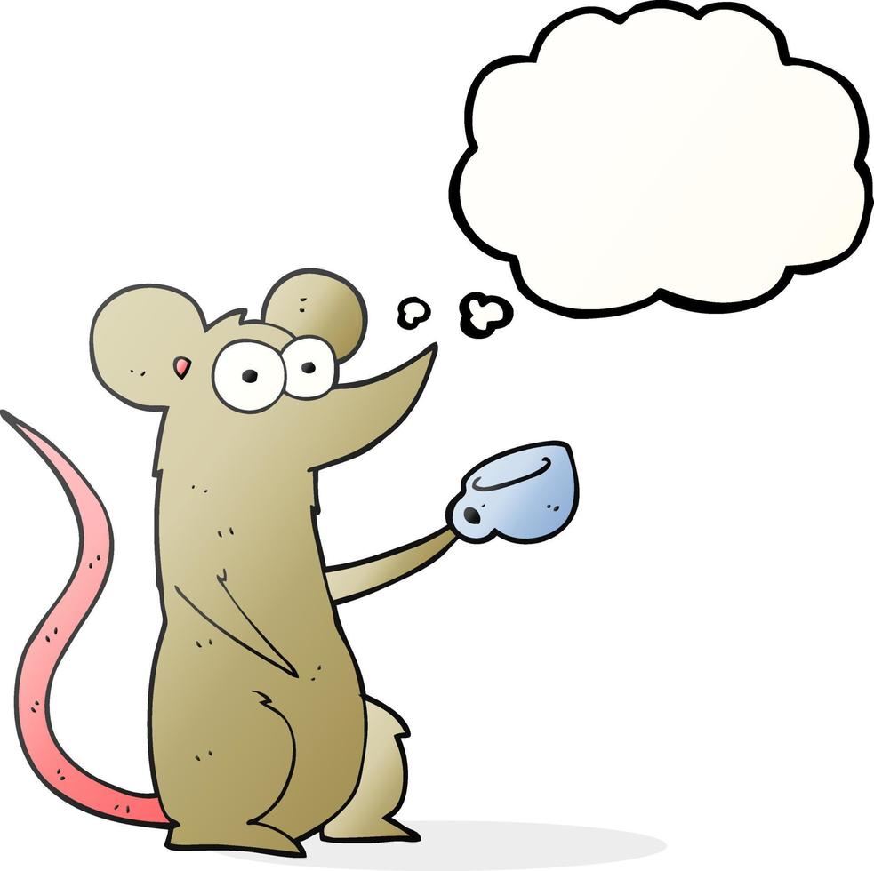 mouse de desenho animado de bolha de pensamento desenhado à mão livre com xícara de café vetor