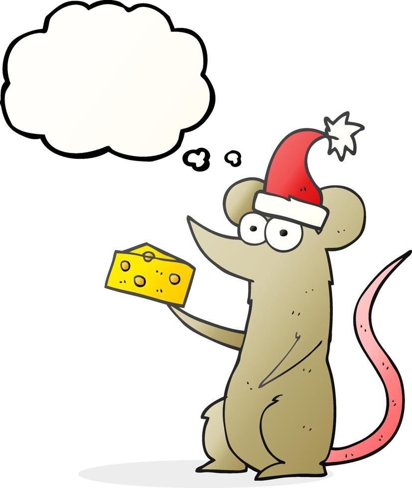 mouse de natal de desenho animado de balão de pensamento desenhado à mão livre com queijo vetor