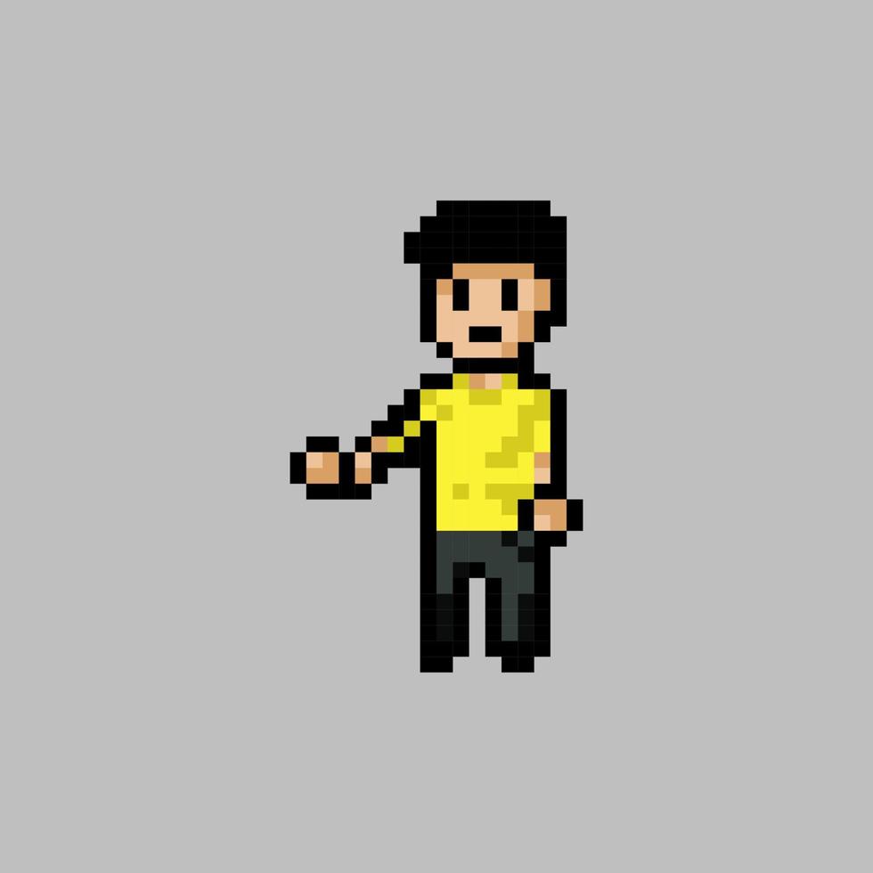 estilo pixel art, estilo antigo de videogames, estilo retrô menino de 18 bits com camiseta amarela vetor