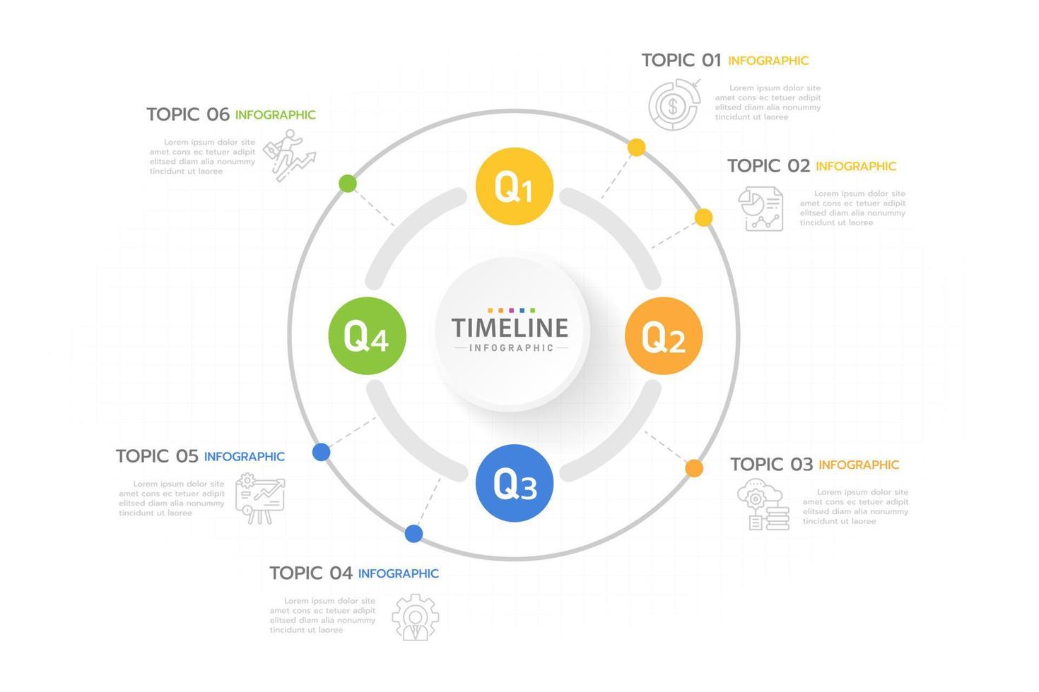 modelo de infográfico para negócios. Calendário de diagrama de linha de tempo moderno de 12 meses separado por trimestre, infográfico de vetor de apresentação.