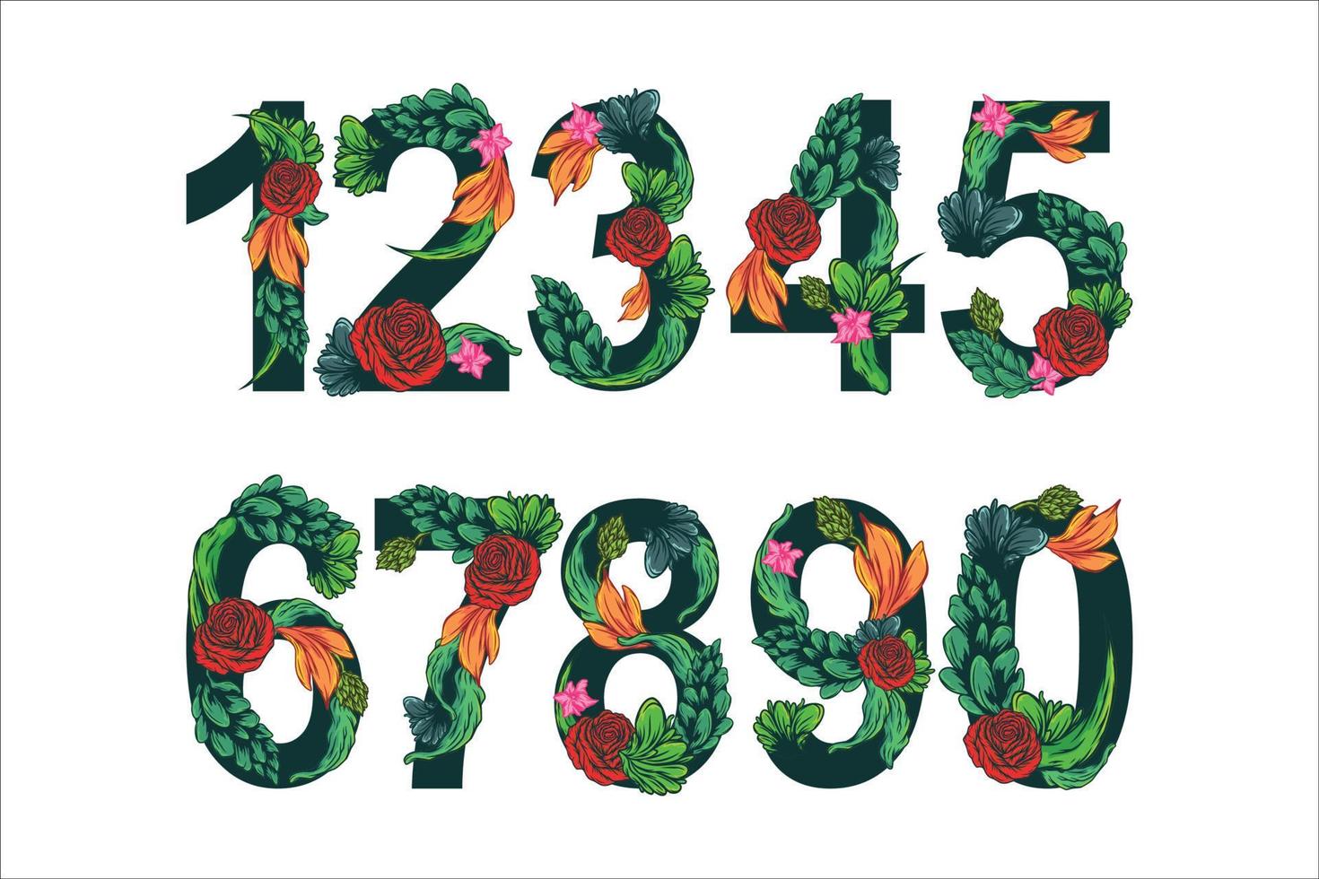 vetor de conjunto de cores de número floral - dígitos 1, 2, 3, 4, 5, 6, 7, 8, 9, 0