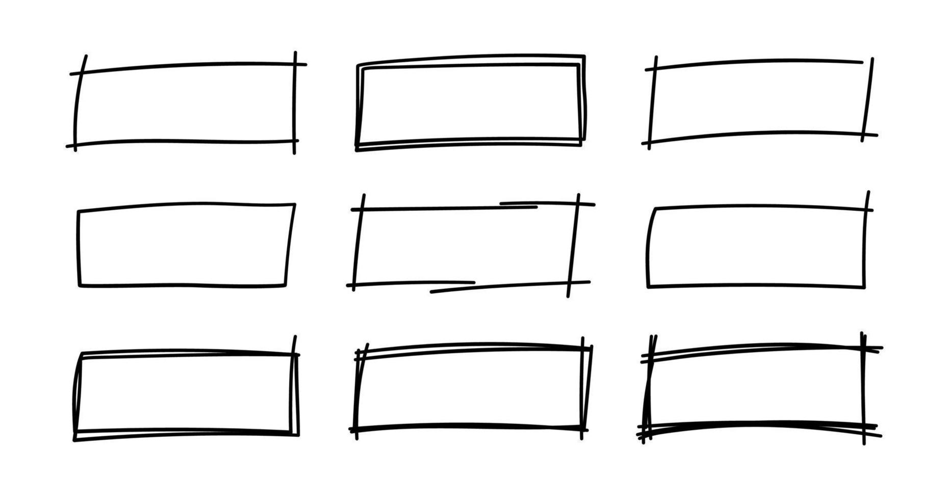 quadros de retângulo desenhados à mão. quadros de retângulo de rabisco sujo. doodle bordas geométricas. Conjunto de caixas de texto preto vazio de tinta de caneta. ilustração vetorial isolada no fundo branco vetor