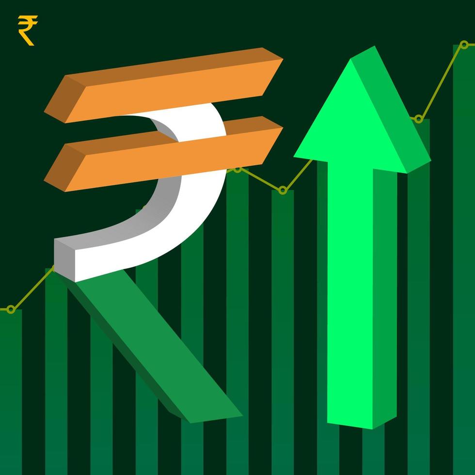 símbolo 3D do valor crescente da moeda da rupia indiana com seta para cima e fundo verde crescente do gráfico estatístico vetor