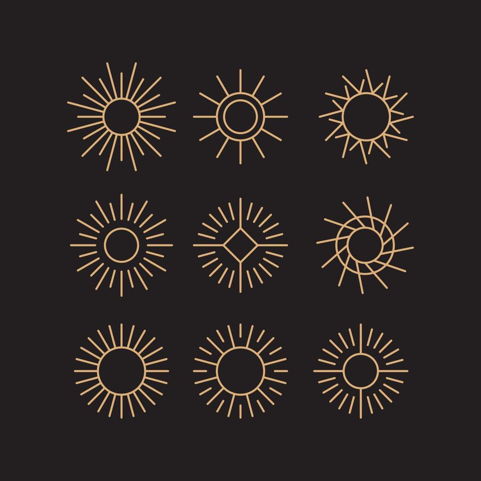 conjunto de elementos de logotipo de sol dourado boêmio isolados, nascer do sol na coleção de vetores de ícone de logotipo de estilo linear de contorno, vetor de logotipo de contorno abstrato em estilo minimalista.
