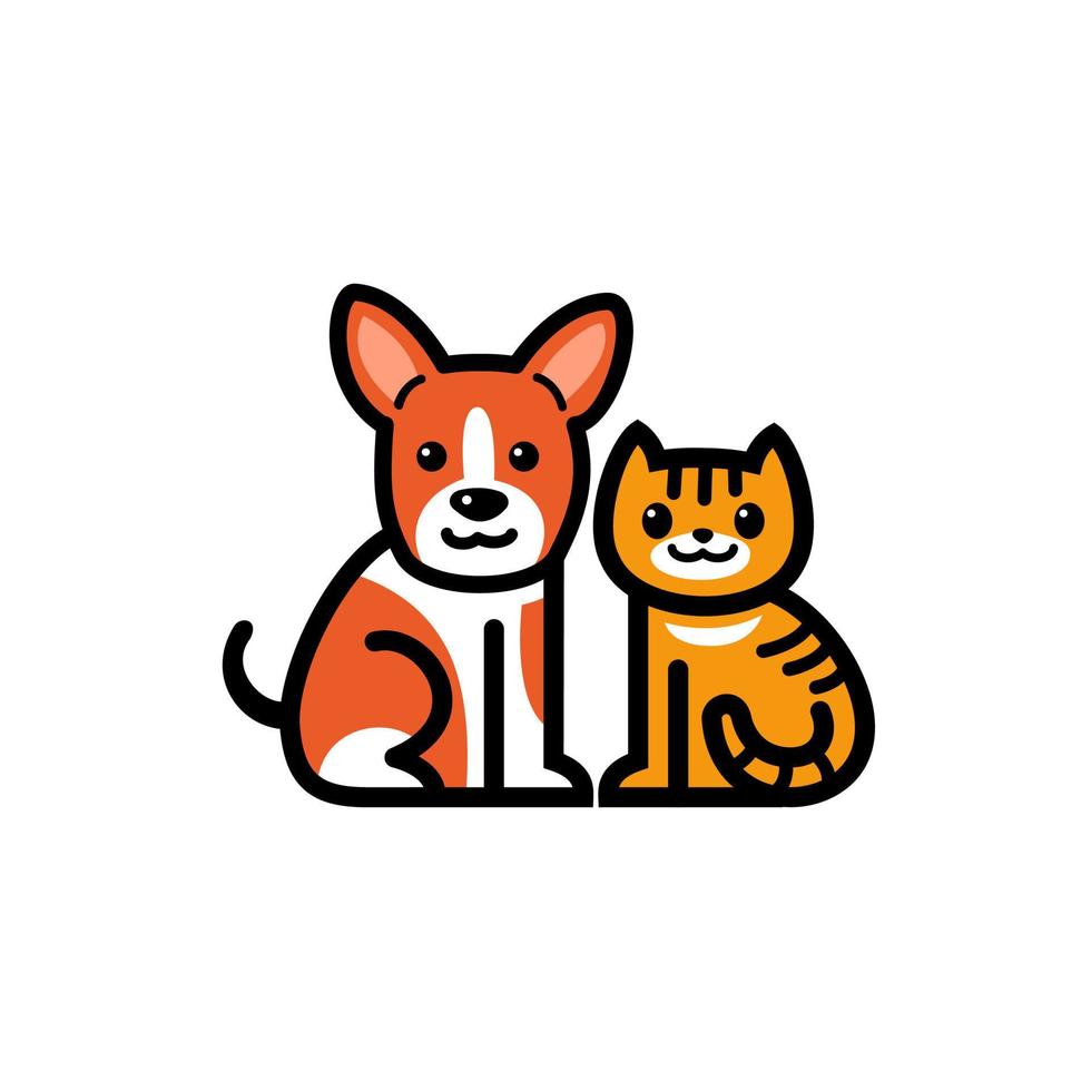 cão adorável e design de ilustração de desenho de vetor de gato bonito. conceito de logotipo de personagem de pet shop animal moderno simples. desenho de arte de linha de logotipo de cachorro e gatinho engraçado