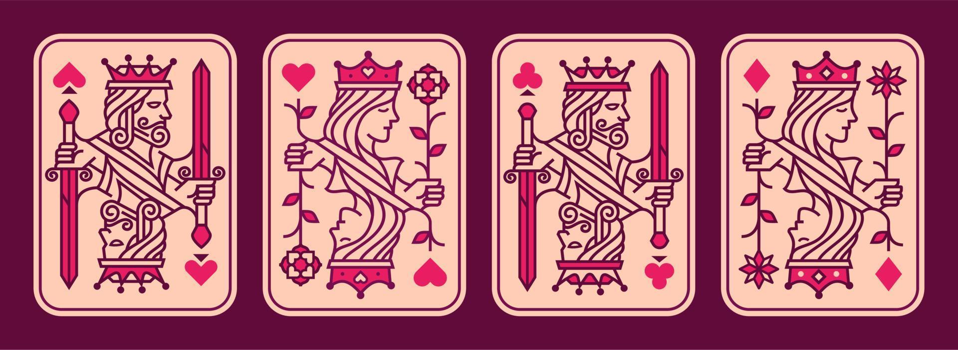 conjunto de ilustração vetorial de cartas de baralho de rei e rainha conjunto de copas, pá, diamante e clube, coleção de design de cartas reais vetor