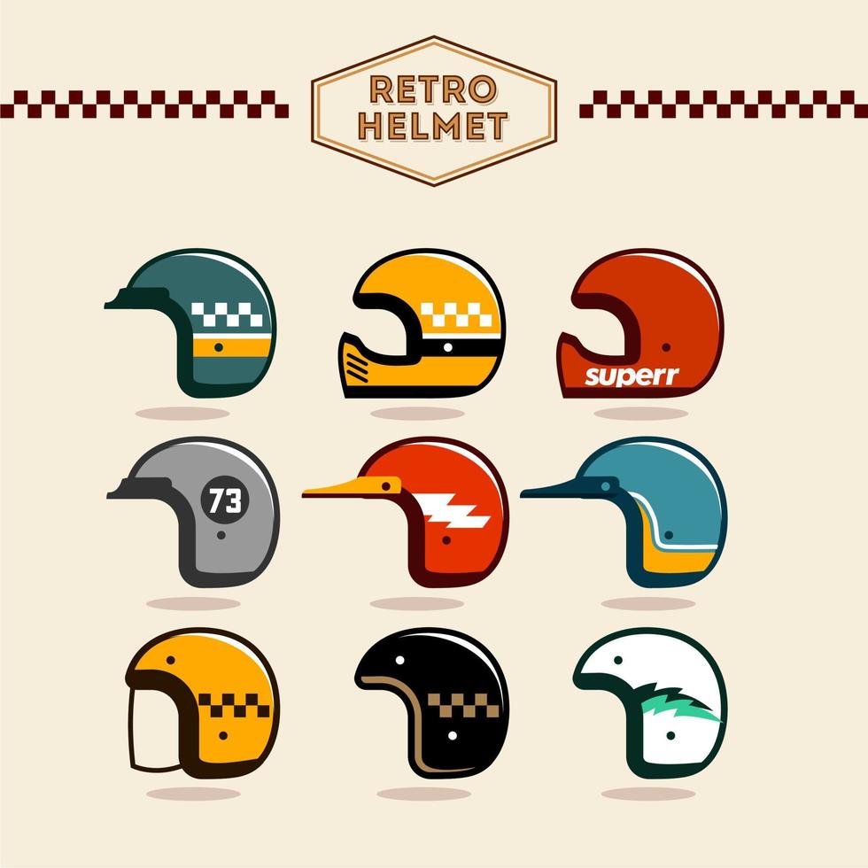 conjunto de vetores de capacete de motocicleta vintage. vetor de coleção de capacetes retrô legal em vários esquemas de cores. design de capacete de cultura personalizado.