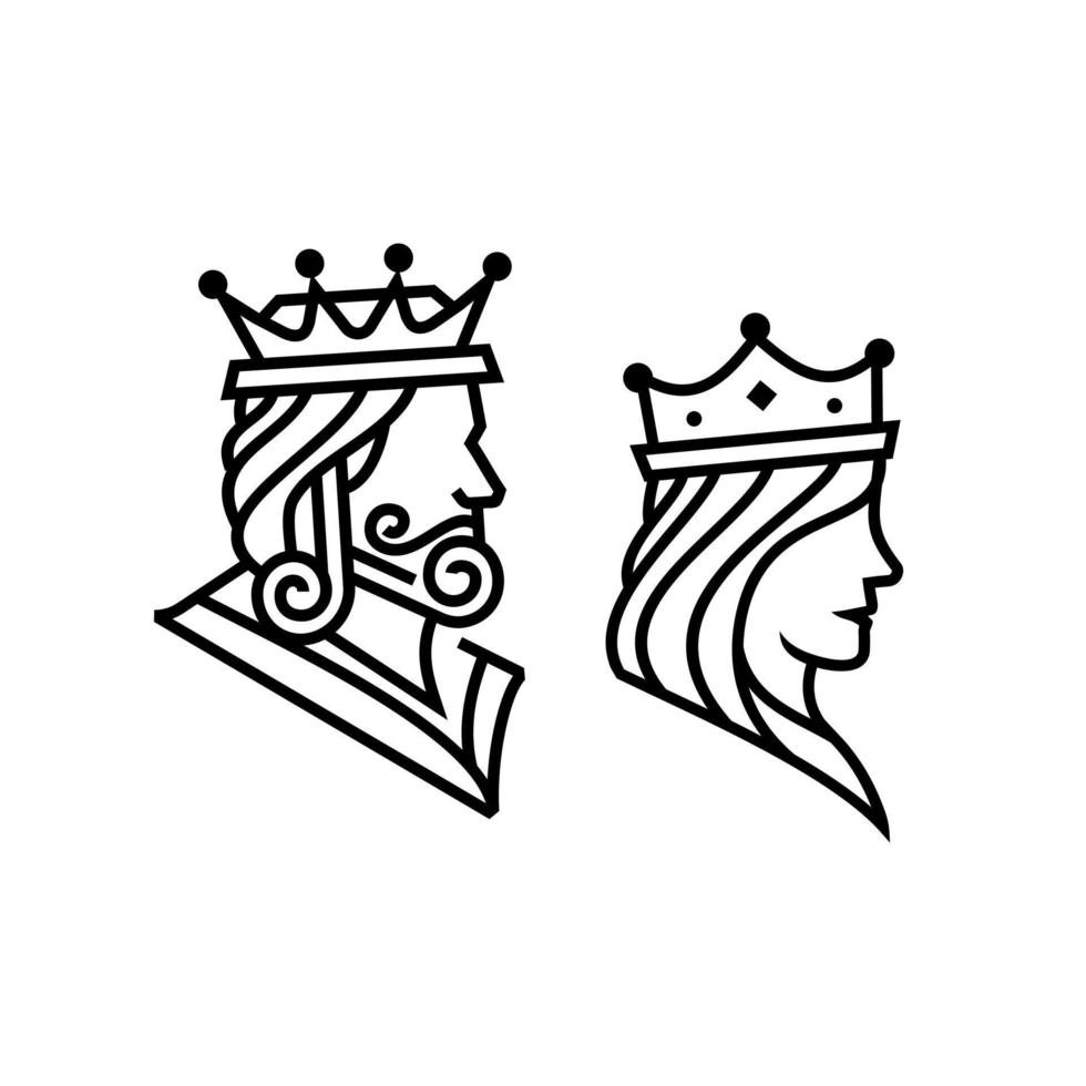 desenho de linha de figura de cabeça de rei e rainha vetor de ilustração, design de retrato de contorno de príncipe e princesa elegante e luxuoso