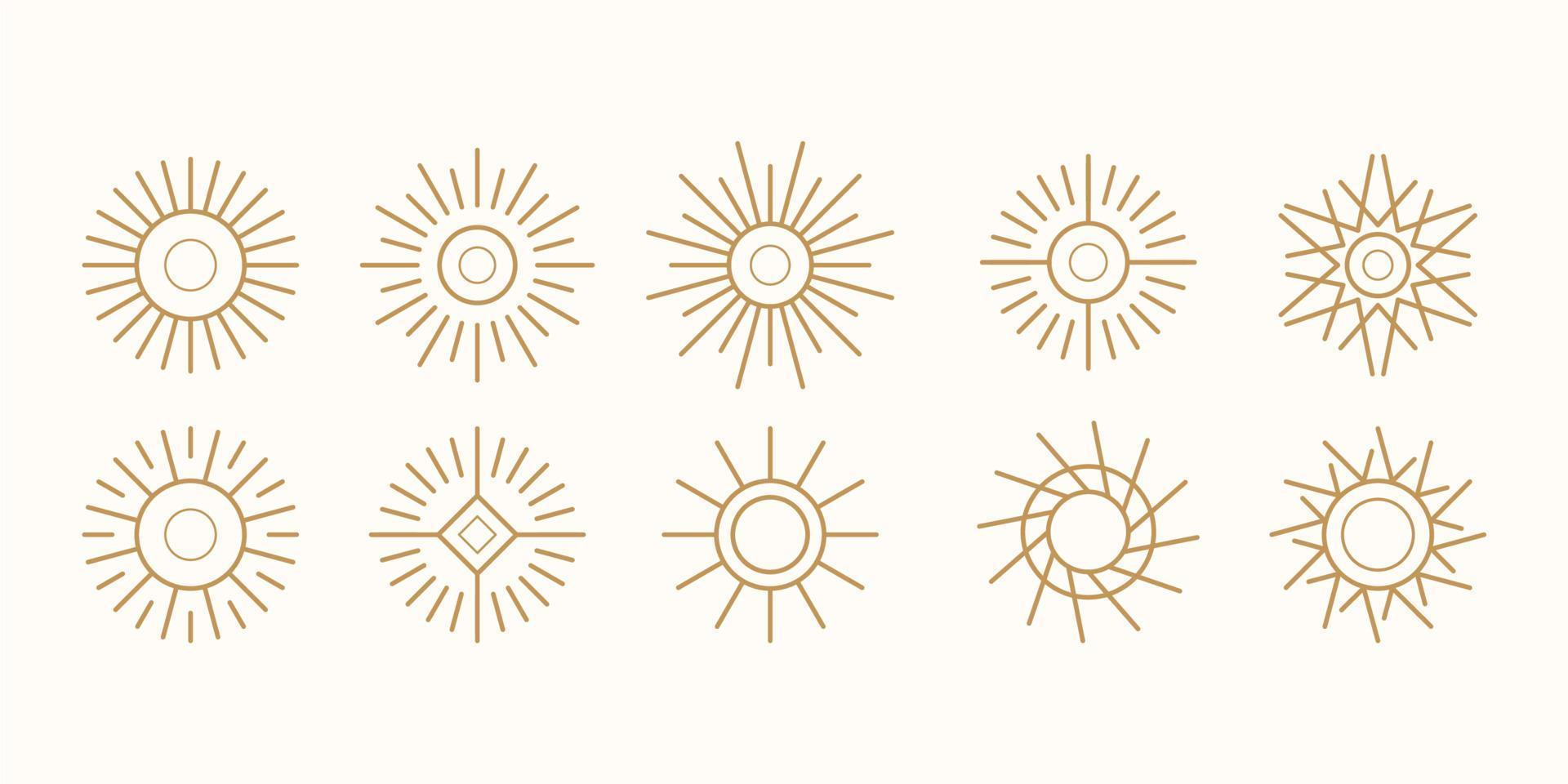 conjunto de elementos de logotipo de sol dourado boêmio isolados, nascer do sol na coleção de vetores de ícone de logotipo de estilo linear de contorno, vetor de logotipo de contorno abstrato em estilo minimalista.