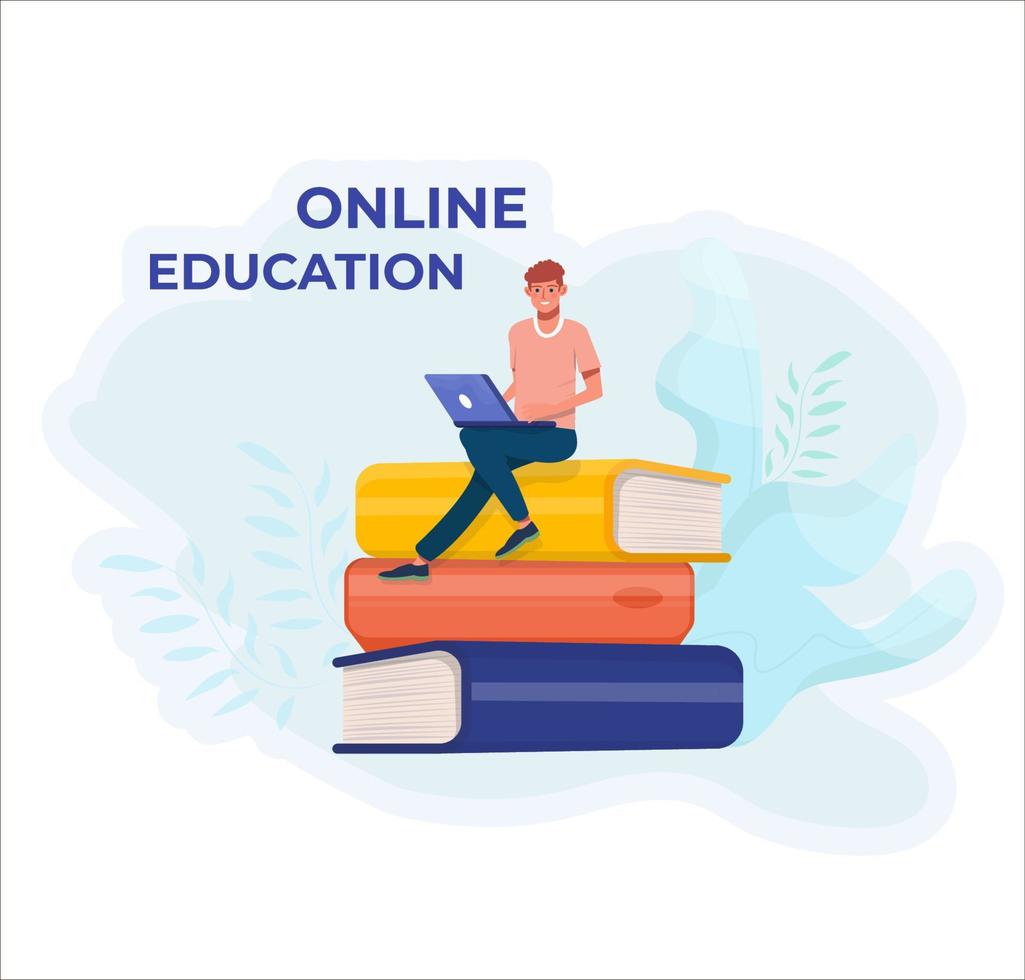 estudante estudando online. conceito de educação on-line. aula on-line. pilha de livros. homem com um laptop. vetor