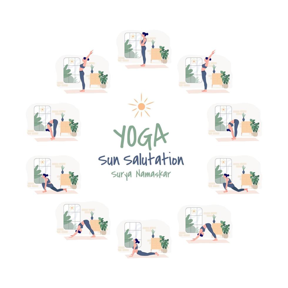 conjunto de exercícios de ioga saudação ao sol surya namaskar. mulheres magras em diferentes posições de ioga vetor