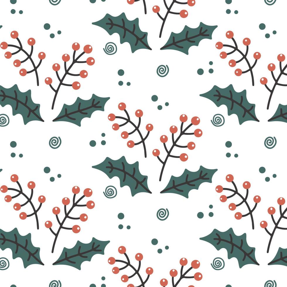 padrão sem emenda de natal com bagas de rowan. doodle vector background para casamento, convites, têxteis, papel de embrulho, cartões de felicitações. folhas de azevinho desenhadas à mão e bagas. rabiscar decoração de ano novo