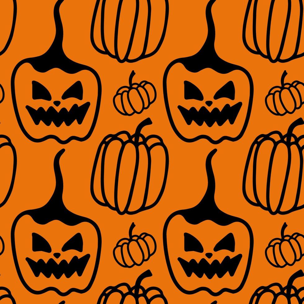 vector halloween padrão sem emenda abóboras clipart na laranja. ilustração engraçada e fofa para design sazonal, têxtil, sala de jogos para crianças de decoração ou cartão de felicitações. impressões desenhadas à mão e doodle.