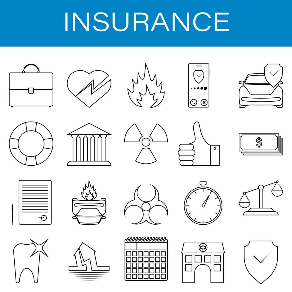 conjunto de ícones de seguro de vida, saúde, propriedade em estilo linear. seguro de depósito bancário. vetor