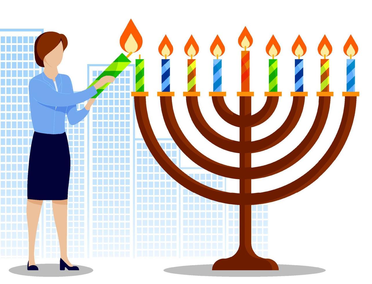 mulher acende velas no castiçal com vela menorá. feriado judaico de hanukkah. elementos de férias. vetor de desenho animado