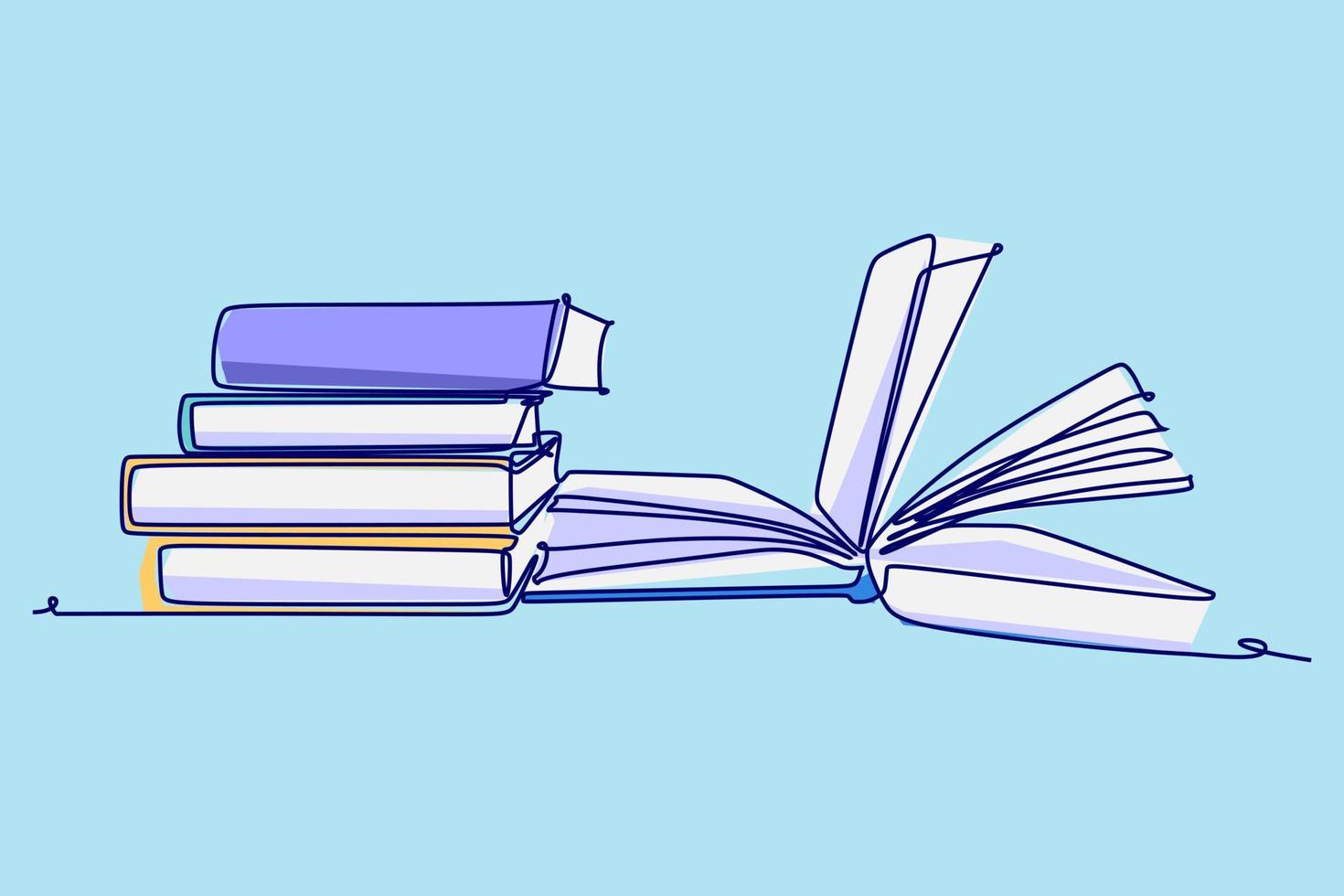 desenho de linha contínuo colorido simples de uma pilha de livro. ilustração vetorial de design de conceito de educação isolada em fundo azul vetor