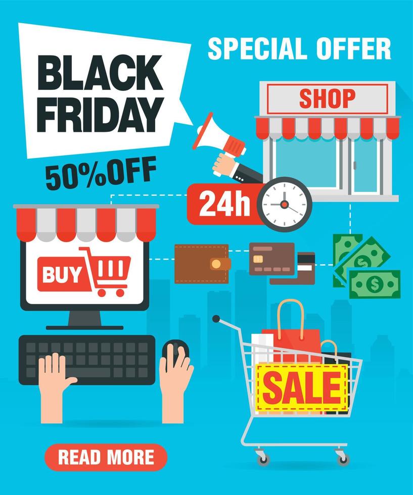 oferta especial black friday 50 off venda conceito design plano com carrinho de compras, cesta vetor