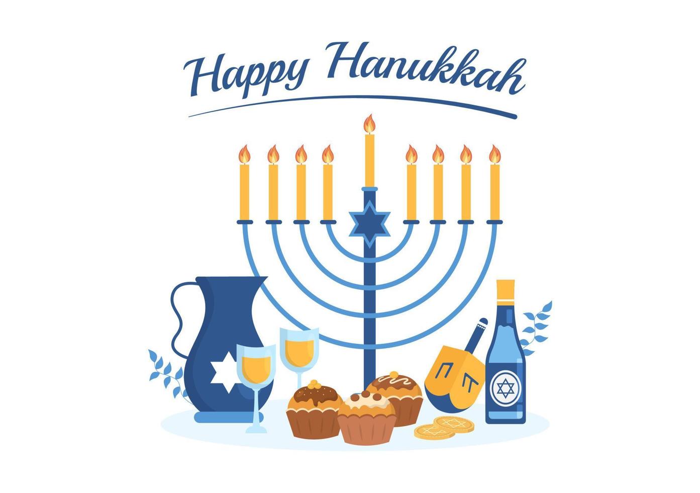 feliz hanukkah modelo de feriado judaico ilustração plana de desenhos animados desenhados à mão com menorá, sufganiyot, pião e símbolos tradicionais vetor