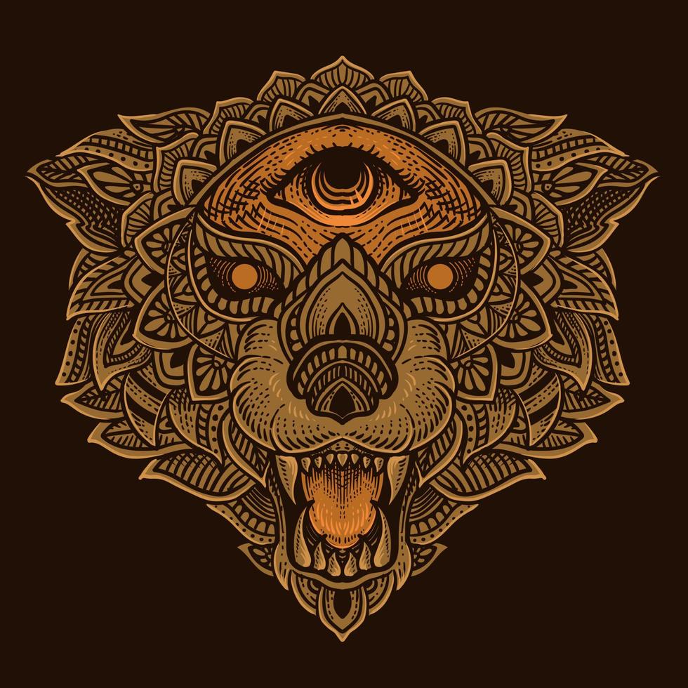 cabeça de lobo de ilustração com estilo mandala vetor