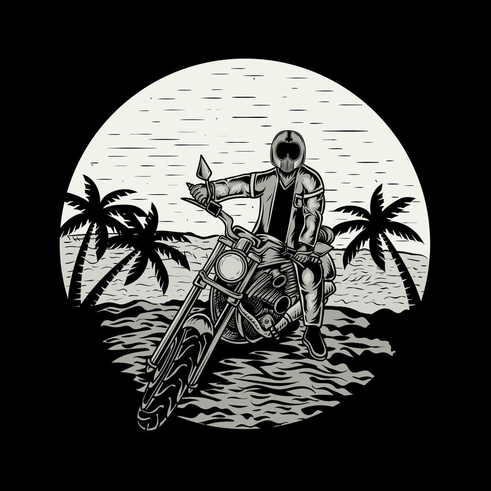 motociclista de ilustração com moto na praia - moldura de gravura vintage vetor