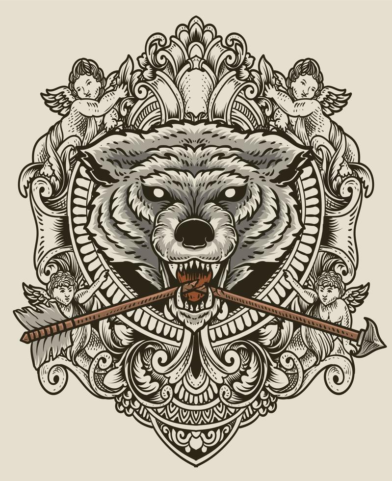 cabeça de lobo vintage de ilustração com estilo de ornamento de gravura antiga vetor