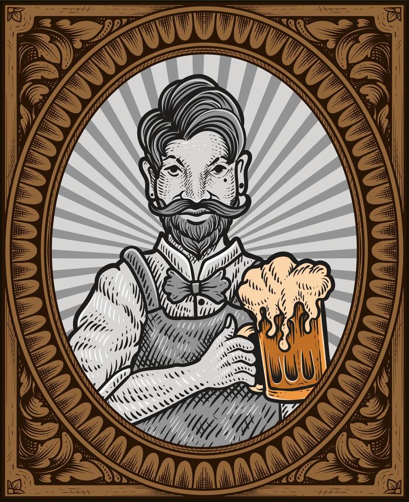 barman vintage de ilustração com moldura de gravura antiga vetor