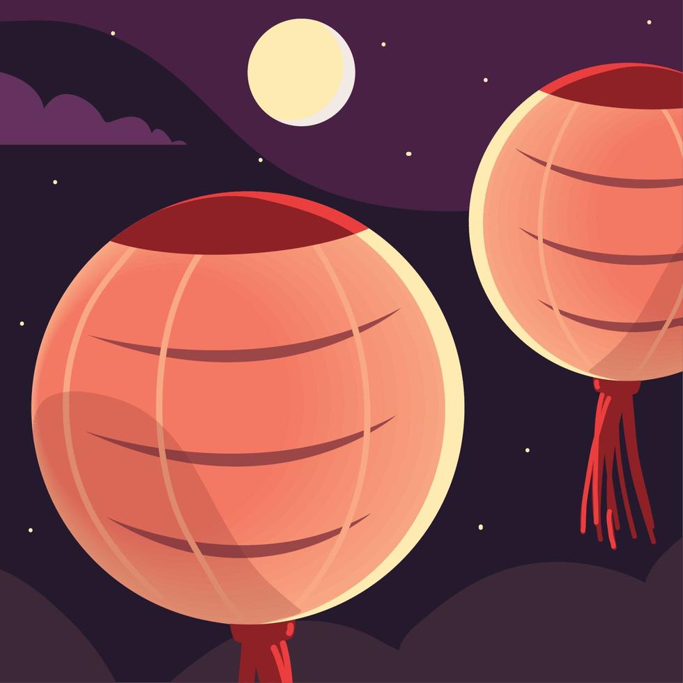 lanternas chinesas e lua vetor