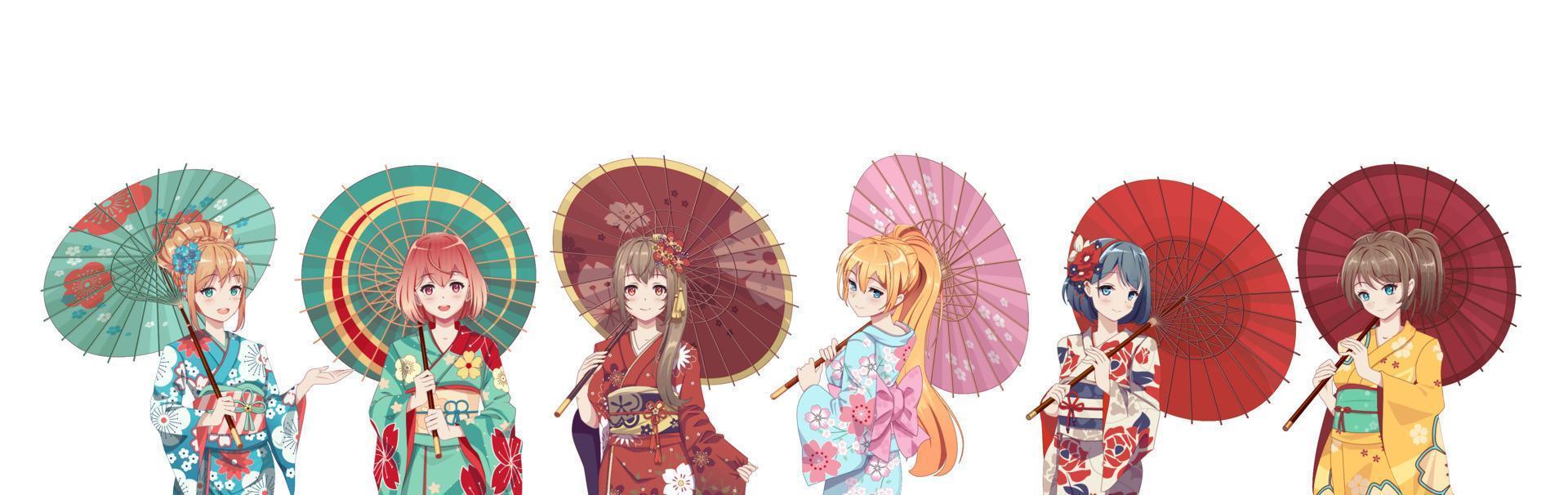 grupo de garotas de mangá de anime em traje tradicional de quimono japonês segurando guarda-chuva de papel. ilustração vetorial em fundo isolado vetor
