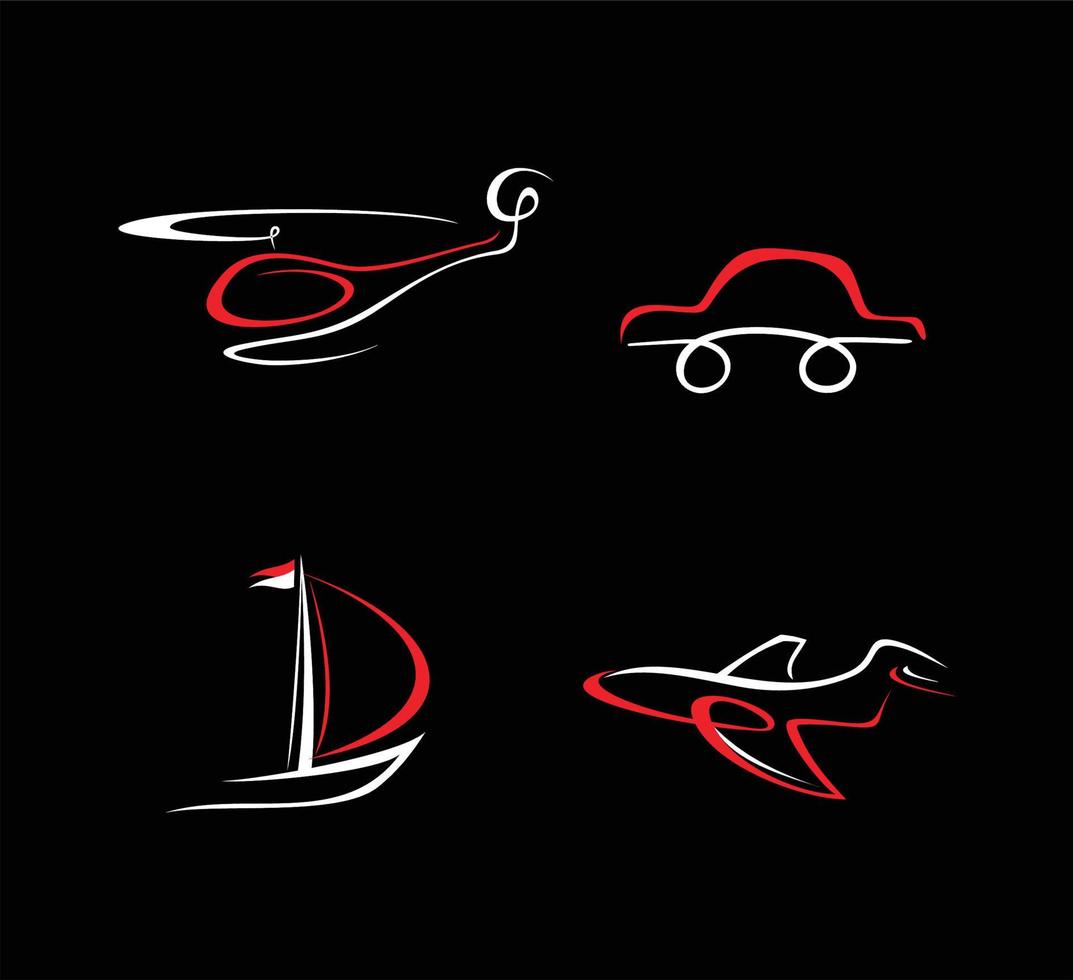 ícones vetoriais de carro, avião, barco e helicóptero vetor