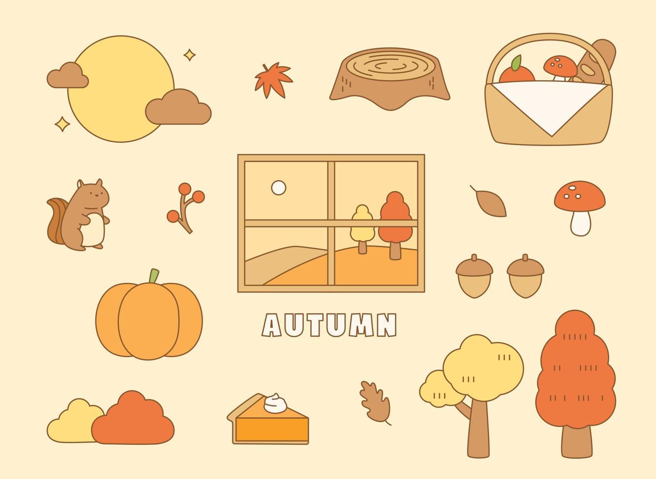 objetos que representam o outono estão dispostos ao redor da janela. ilustração em vetor estilo design plano.