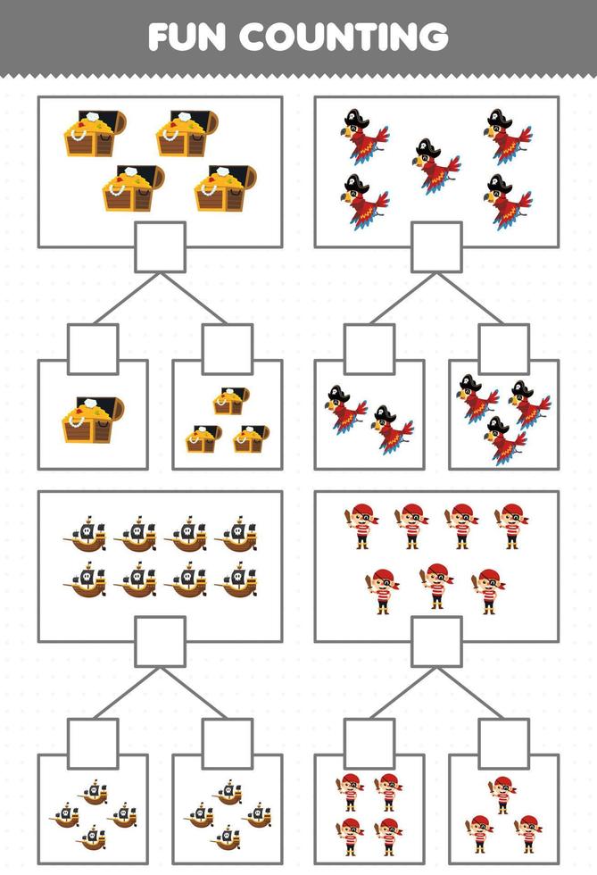 jogo de educação para crianças diversão contando imagens em cada caixa de desenho animado baú do tesouro papagaio navio pirata traje de halloween planilha imprimível vetor