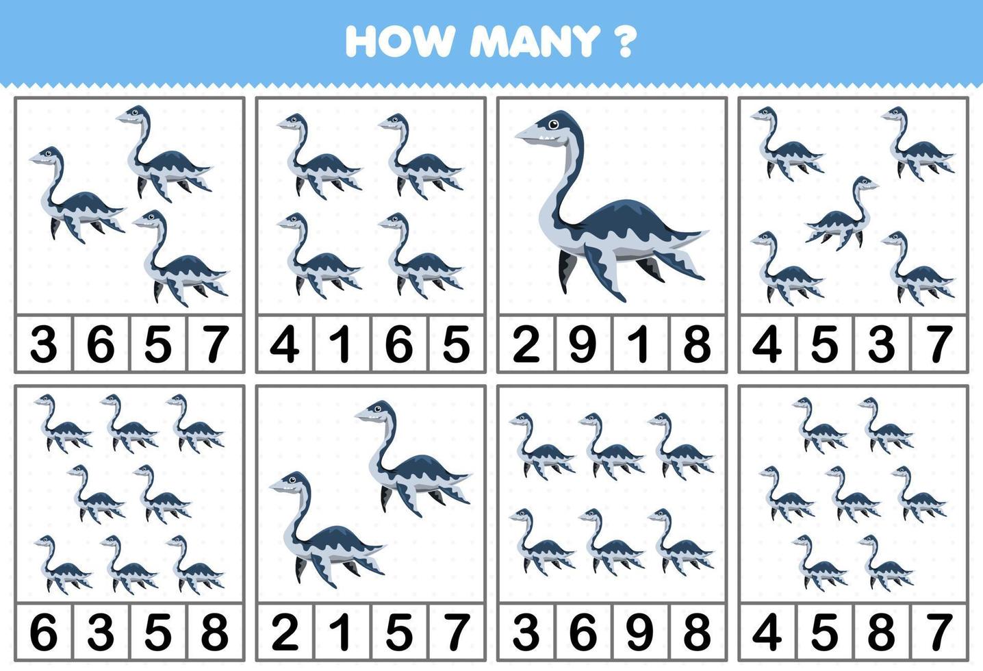 jogo de educação para crianças contando quantos objetos em cada mesa de planilha para impressão de plesiossauro dinossauro pré-histórico bonito dos desenhos animados vetor