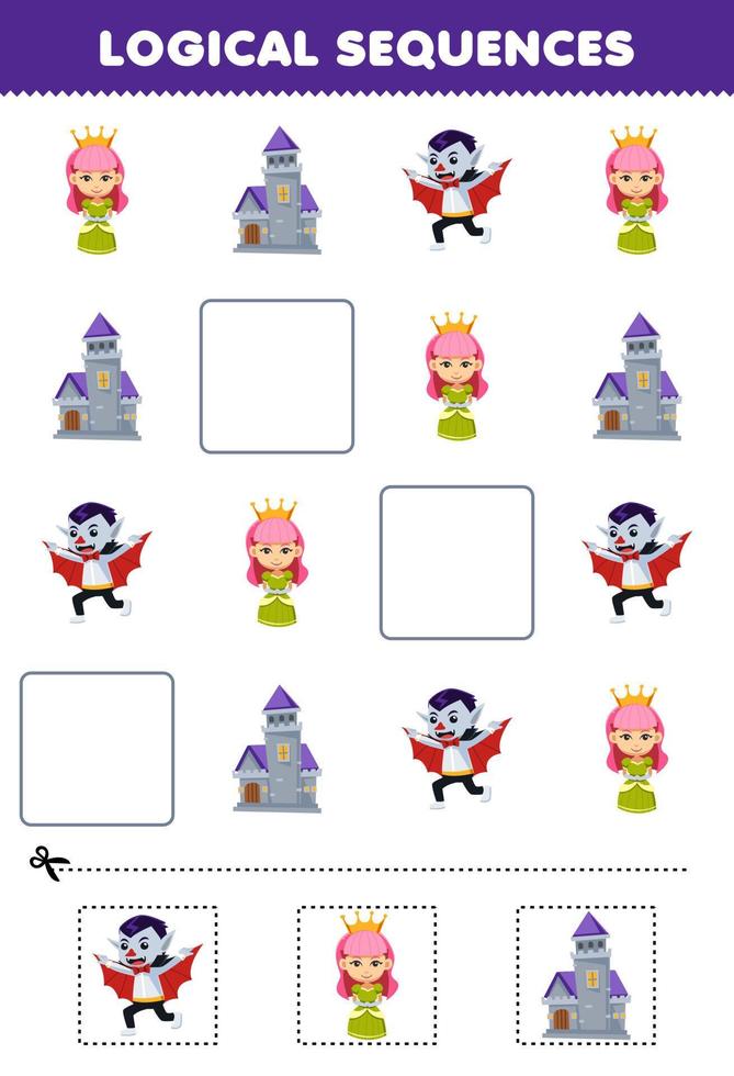 jogo de educação para crianças sequências lógicas para crianças com desenho bonito castelo rainha drácula imagem de fantasia planilha para impressão de halloween vetor