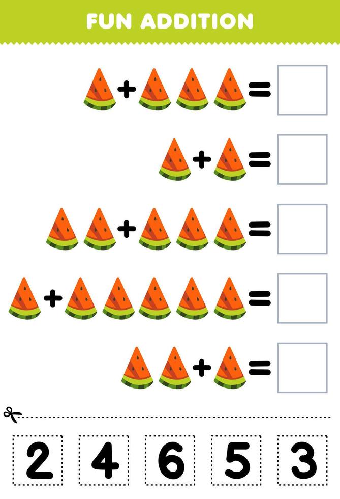 jogo de educação para crianças adição divertida por cortar e combinar o número correto para planilha imprimível de frutas de melancia de desenho animado vetor