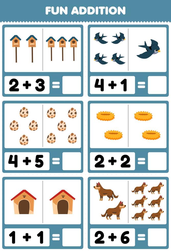 jogo de educação para crianças adição divertida contando e somando a planilha de fazenda imprimível para impressão de cachorro de ninho de pássaro de desenho bonito vetor