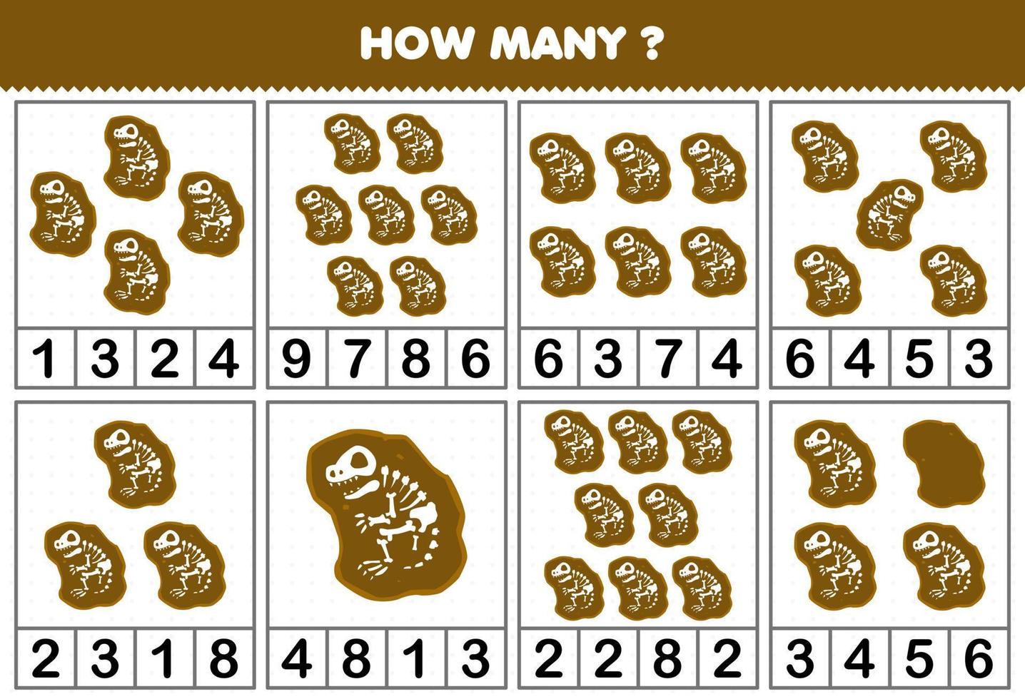 jogo de educação para crianças contando quantos objetos em cada mesa de planilha para impressão de fóssil de dinossauro pré-histórico bonito dos desenhos animados vetor
