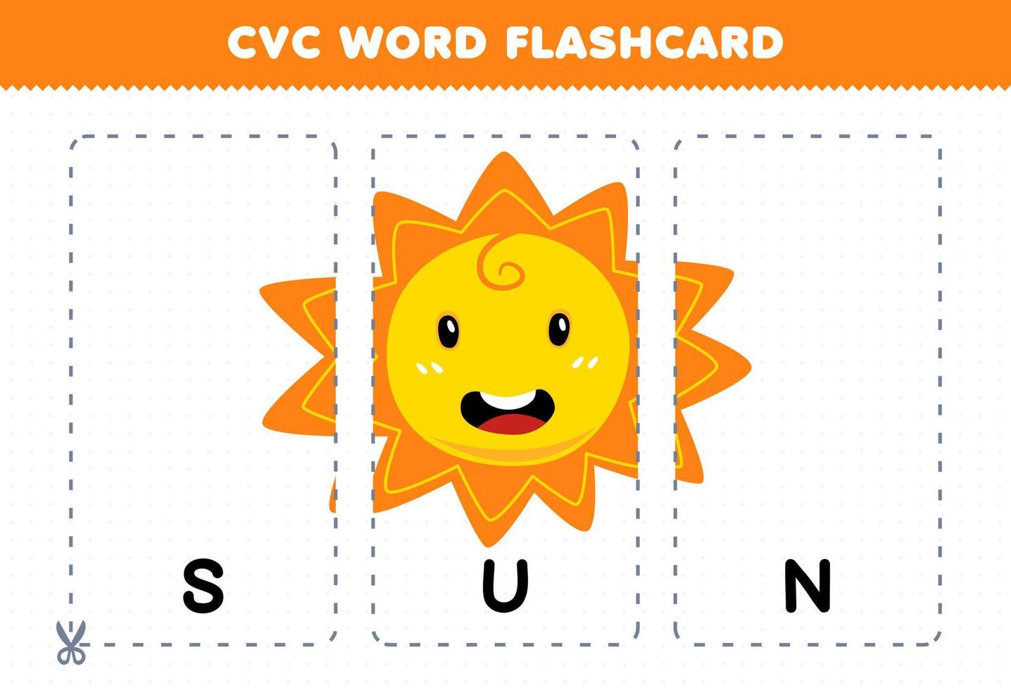 jogo de educação para crianças aprendendo palavra consoante vogal consoante com cartão de flash imprimível de ilustração de sol bonito dos desenhos animados vetor