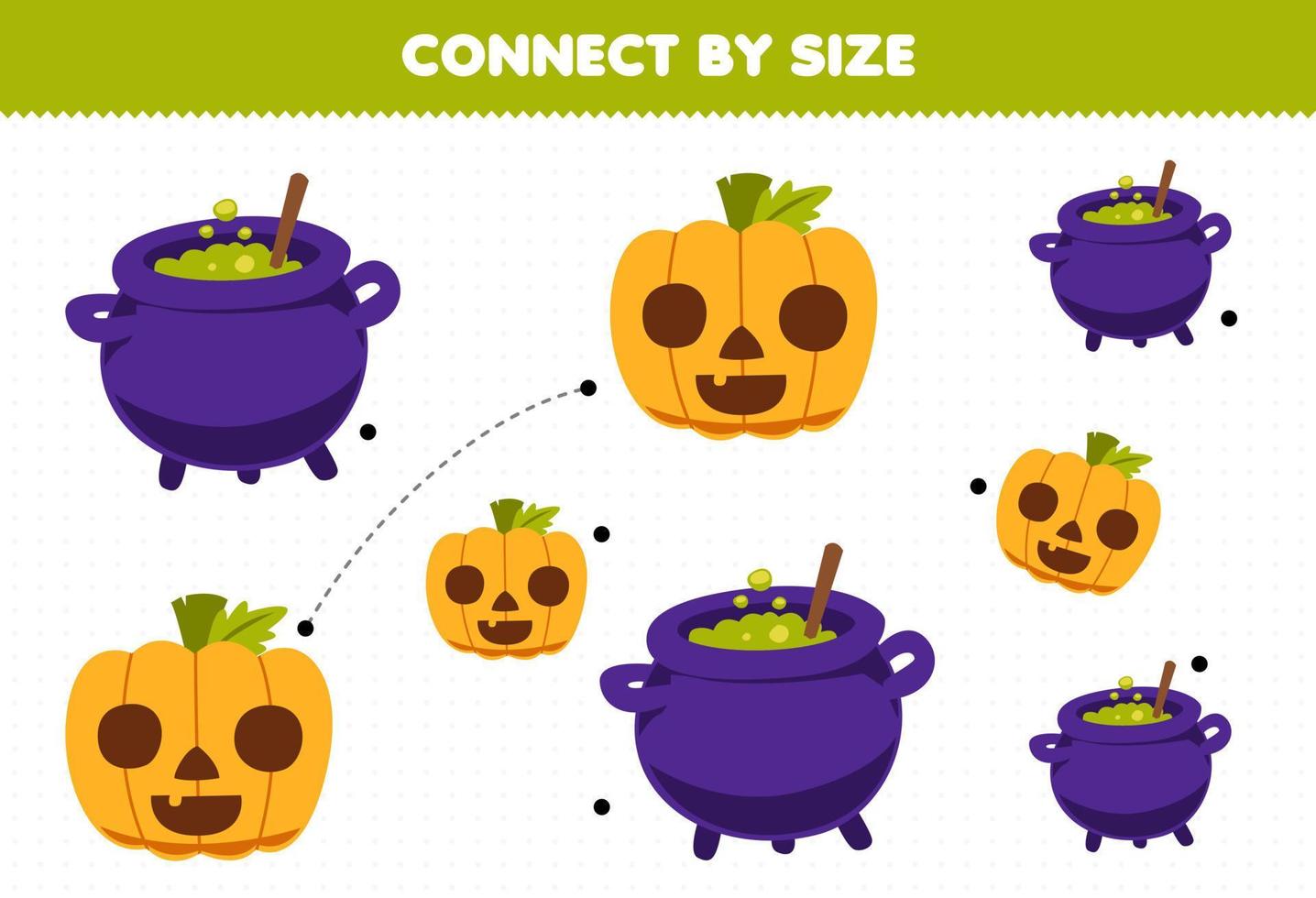 jogo educativo para crianças conectar-se pelo tamanho de uma abóbora de desenho animado fofa e planilha imprimível de caldeirão de halloween vetor