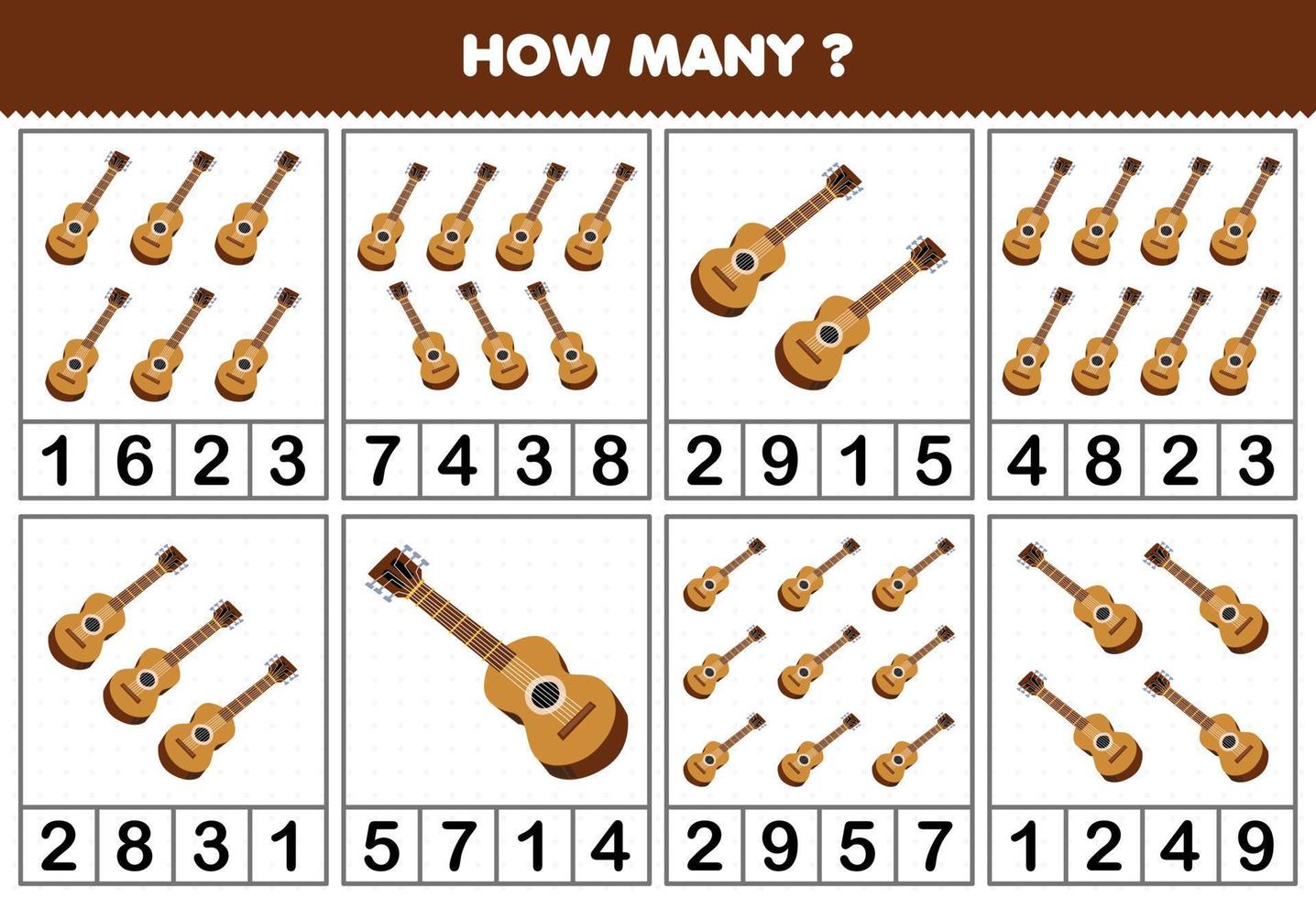 jogo educativo para crianças contando quantos objetos em cada mesa de desenho animado instrumento musical guitarra planilha imprimível vetor