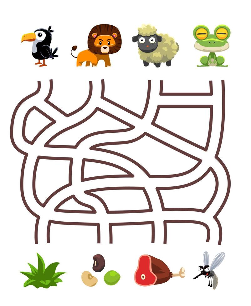 jogo de quebra-cabeça de labirinto para crianças par de sapo de ovelha leão tucano bonito dos desenhos animados com a planilha imprimível de comida correta vetor
