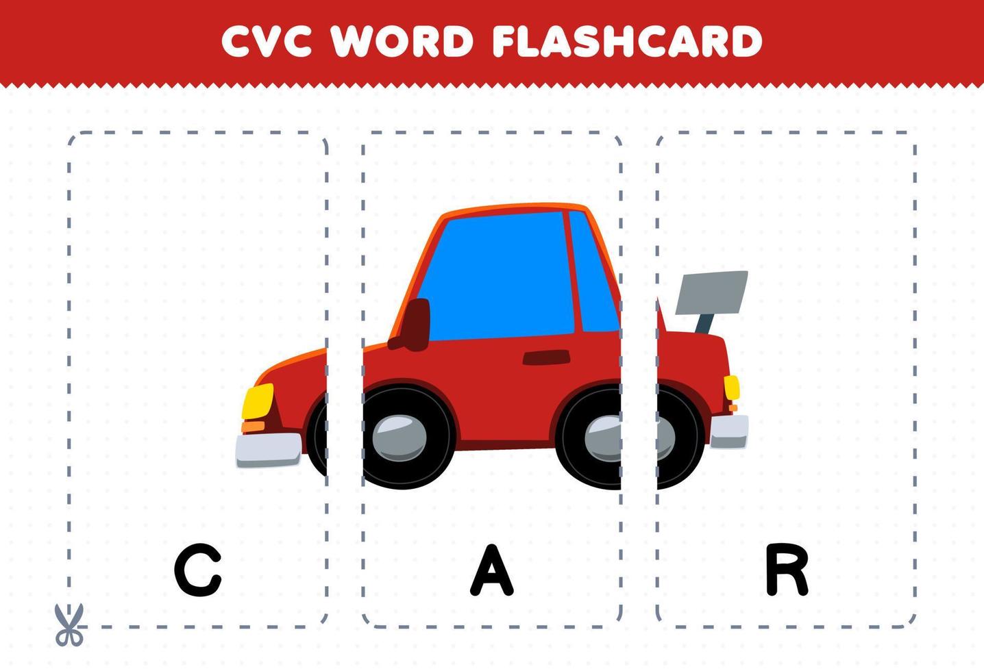jogo de educação para crianças aprendendo palavra consoante vogal consoante com ilustração de veículo de carro vermelho bonito dos desenhos animados flashcard imprimível vetor