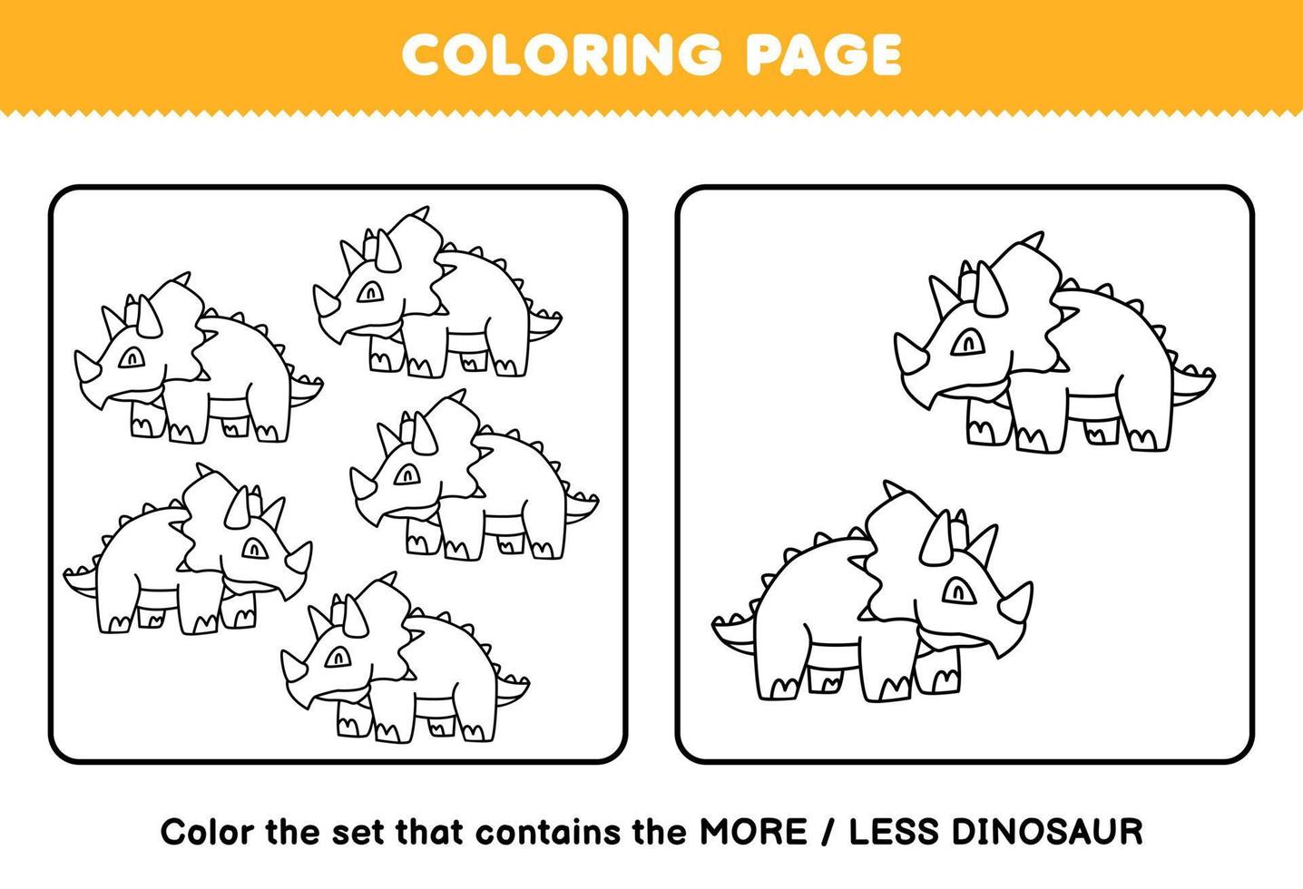 jogo de educação para crianças página para colorir mais ou menos imagem de desenho animado bonito dinossauro pré-histórico triceratops conjunto de arte de linha planilha imprimível vetor