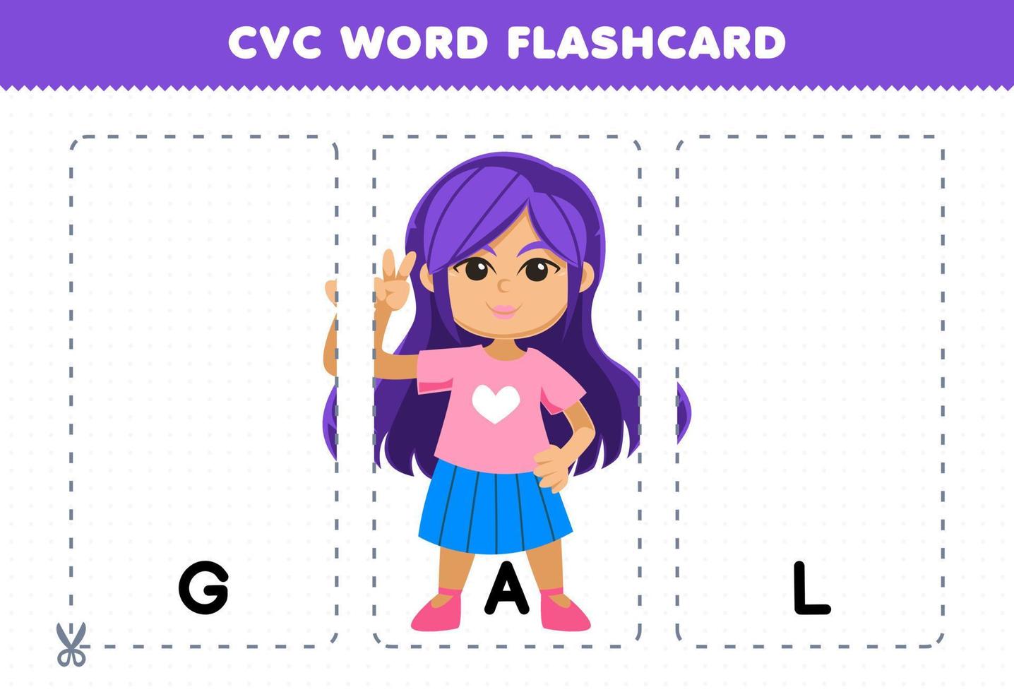 jogo de educação para crianças aprendendo palavra consoante vogal consoante com cartão de flash imprimível de ilustração de garota bonita dos desenhos animados vetor