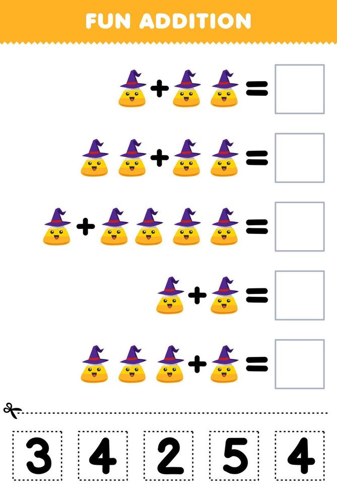 jogo de educação para crianças adição divertida por cortar e combinar o número correto para planilha imprimível de doces de milho bonito dos desenhos animados de halloween vetor