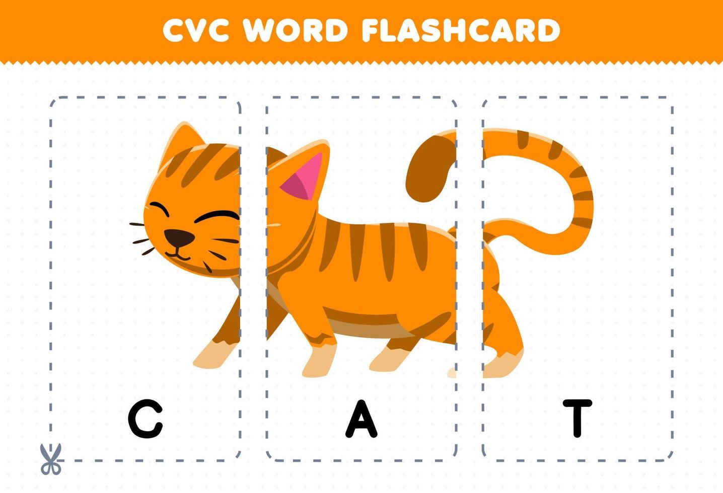 jogo de educação para crianças aprendendo palavra consoante vogal consoante com cartão de memória para impressão de ilustração de gato bonito dos desenhos animados vetor
