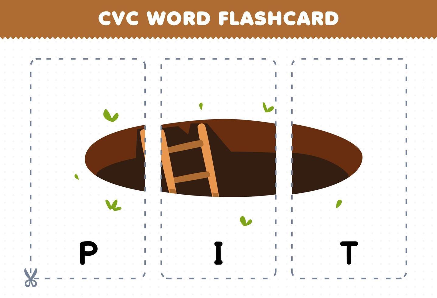 jogo de educação para crianças aprendendo palavra consoante vogal consoante com ilustração de buraco de poço bonito dos desenhos animados flashcard imprimível vetor